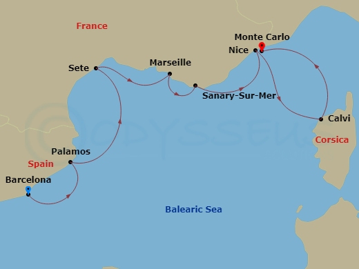 Azamara Onward - 7 Night - France Intensive Cruise : Marseille, Sanary-Sur-Mer & Nice - Azamara Onward - Starting in Barcelona, Palamos, Sete, Provence (Marseille), Sanary-sur.. itinerary map