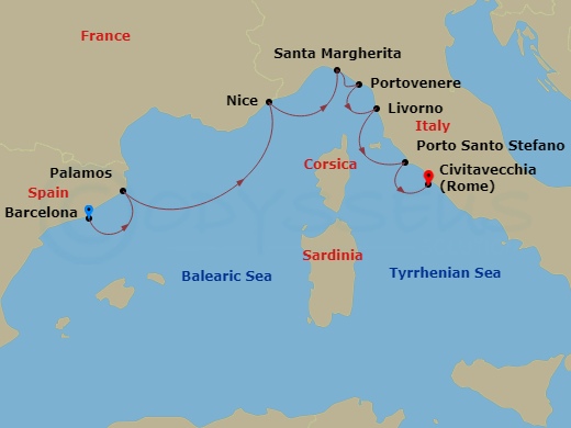 Azamara Journey - 8 Night - Italy Intensive Cruise : Portofino, Florence & Porto Santo Stefano - Azamara Journey - Starting in Barcelona, Palamos, Nice, Portofino (Santa Marghe.. itinerary map