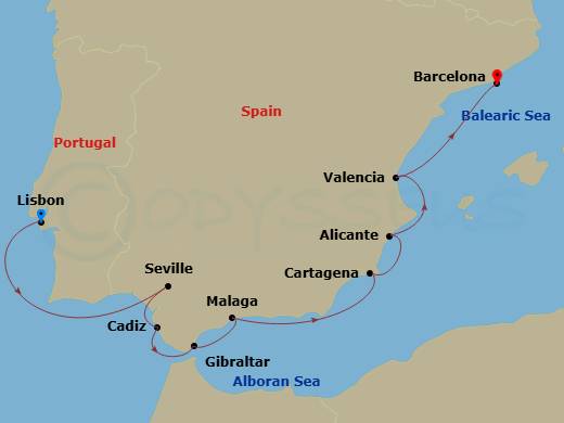 Azamara Journey - 10 Night - Holy Week : Seville, Malaga & Valencia - Azamara Journey - Starting in Lisbon, Seville, Cadiz, Gibraltar, Malaga, Cartagena ES, Alicante, Valencia,.. itinerary map