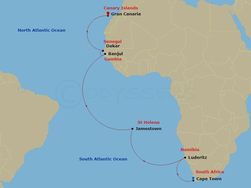 Azamara Journey - 18 Night - West Africa Cruise : Walvis Bay, St. Helena & Senegal - Azamara Journey - Starting in Cape Town, Luderitz, Walvis Bay, Jamestown, Saint Helena Isla.. itinerary map