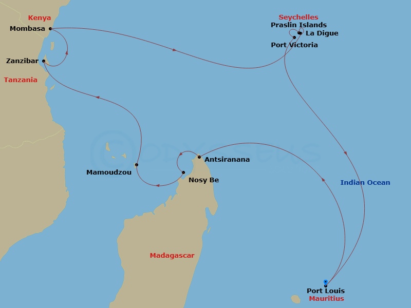Azamara Journey - 16 Night - East Africa Cruise : Vanilla Islands, Mombasa & Port Victoria - Azamara Journey - Starting in Port Louis, Antsiranana, Nosy-be, Mamoudzou, Zanzibar.. itinerary map