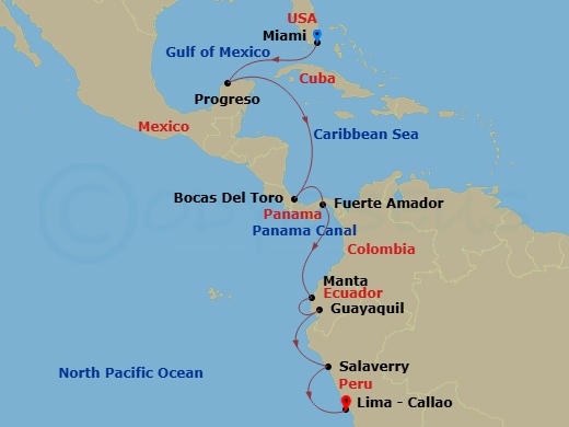 Azamara Onward - 15 Night - Mexico, Panama & Peru Cruise : Progreso, Panama Canal & Lima - Azamara Onward - Starting in Miami, Florida, Progreso, Bocas del Toro, Panama Canal.. itinerary map