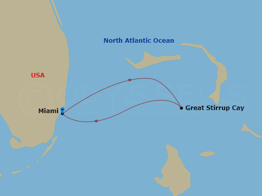 NCL Norwegian Luna - 3 Night - Bahamas - Short - NCL Norwegian Luna - Starting in Miami, Fl, Great Stirrup Cay, Bahamas, Miami, Fl itinerary map