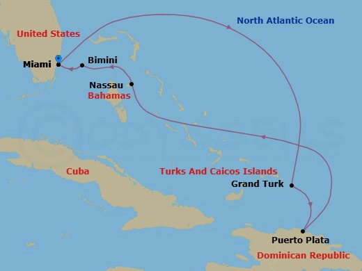 7 Night - Miami, Florida / Miami, Florida - Ilma - Starting in Miami, Florida, Grand Turk, Puerto Plata, Dominican Republic, Nassau, Bimini, Miami, Florida itinerary map