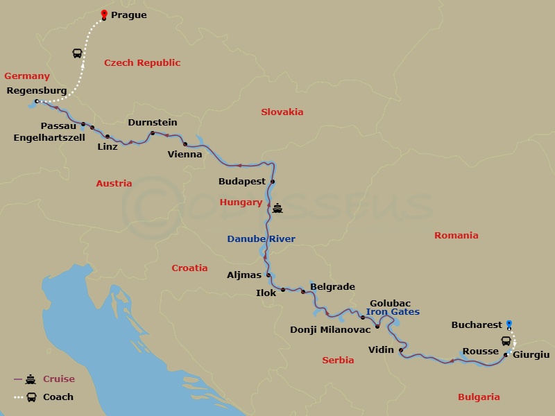 S.S. Beatrice Cruise Tours - 18 Night - Portraits of Eastern Europe - S.S. Beatrice Cruise Tours - Starting in Bucharest, Bucharest, Transfer to Giurgiu, Ruse, Vidin, Cruising the Iron Ga.. itinerary map