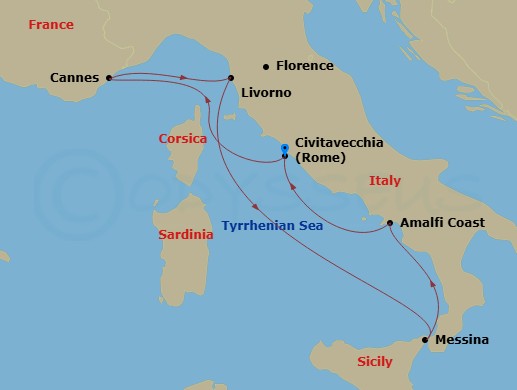 NCL Norwegian Gem - 6 Night - Europe - Western Mediterranean - Rome - NCL Norwegian Gem - Starting in Civitavecchia Rome, Italy, Cannes, France, Livorno / Florence / Pisa, Italy,.. itinerary map