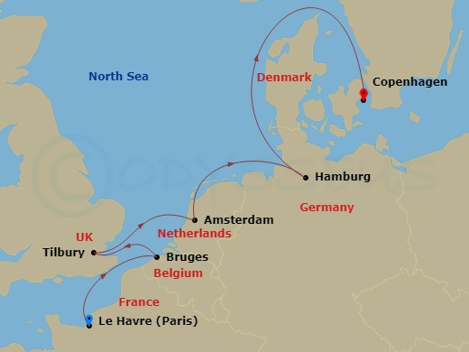 NCL Norwegian Sky Cruise Tours - 9 Night - Paris Pre Cruisetour - NCL Norwegian Sky Cruise Tours - Starting in At Hotel, Le Havre / Paris, France, Zeebrugge / Brussels / Brugge, Belgium, Tilb.. itinerary map