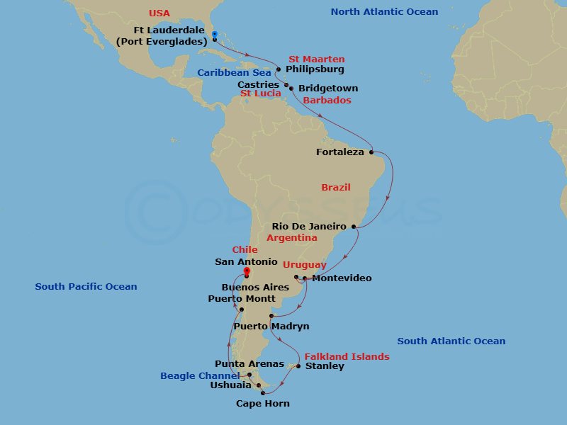 Majestic Princess - 33 Night - Brazilian & Cape Horn Grand Adventure - Majestic Princess - Starting in Fort Lauderdale, Florida, St Maarten, St Lucia, Barbados, Fortaleza, Brazil.. itinerary map