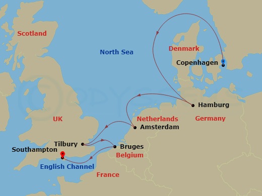 NCL Norwegian Sky Cruise Tours - 10 Night - Pre Cruisetour Classic and Modern Copehagen - NCL Norwegian Sky Cruise Tours - Starting in At Hotel, Copenhagen, Denmark, Hamburg, Germany, Amsterd.. itinerary map