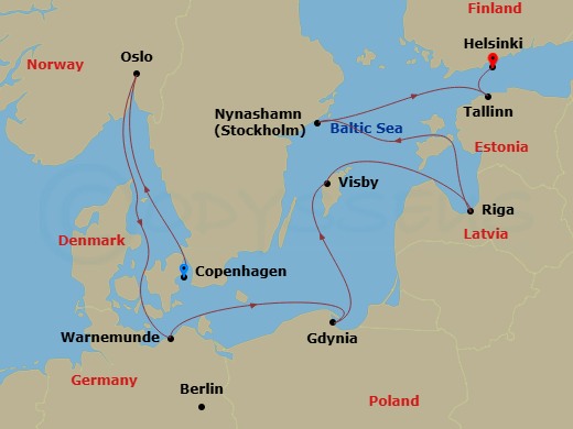 NCL Norwegian Sun Cruise Tours - 12 Night - Pre Cruisetour Classic and Modern Copehagen - NCL Norwegian Sun Cruise Tours - Starting in At Hotel, Copenhagen, Denmark, Oslo, Norway, Warnemunde.. itinerary map