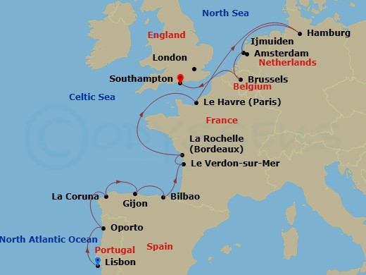 NCL Norwegian Star Cruise Tours - 17 Night - a Glimpse of Lisbon Pre Cruisetour - NCL Norwegian Star Cruise Tours - Starting in At Hotel, Lisbon, Portugal, Oporto, Portugal, La Coruna, Spain,.. itinerary map