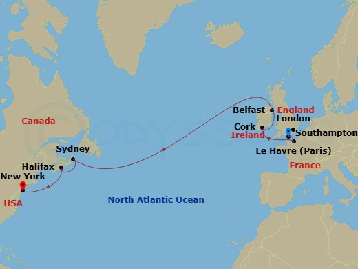 NCL Norwegian Sun - 12 Night - Repo - Transatlantic - NCL Norwegian Sun - Starting in London (Southampton), United Kingdom, Le Havre / Paris, France, Cork / Cobh, Ireland, Belfas.. itinerary map