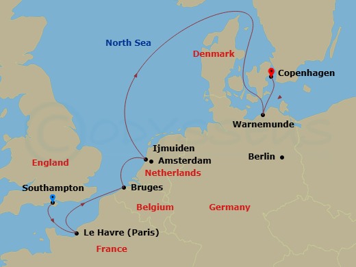 NCL Norwegian Sun - 7 Night - Europe - Northern Capitals - NCL Norwegian Sun - Starting in London (Southampton), United Kingdom, Le Havre / Paris, France, Zeebrugge / Brussels /.. itinerary map