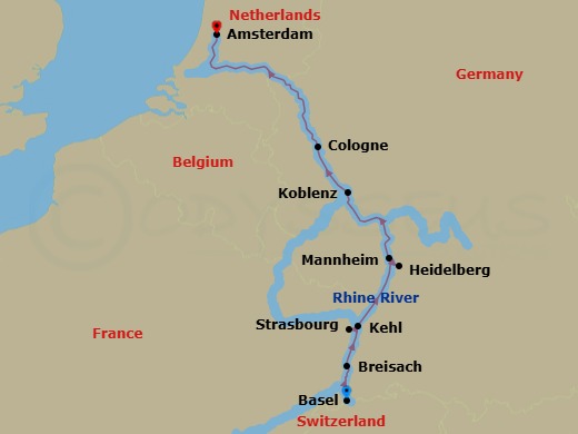 7 Night - Christmas Markets On the Rhine - Emerald Destiny - Starting in Basel, Breisach, Kehl / Strasbourg, Mannheim (Heidelberg), Koblenz, Cologne / Dusseldorf, Amsterdam itinerary map