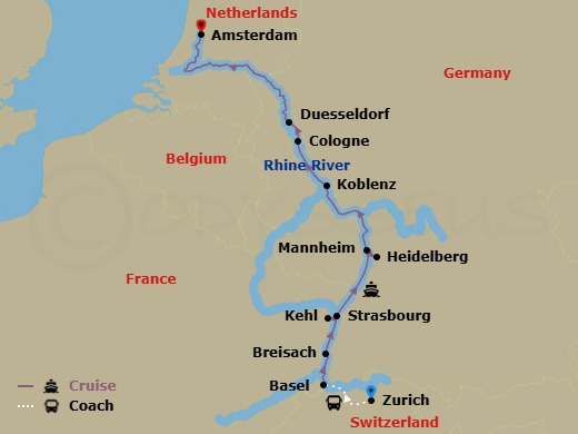 7 Night - Christmas Markets On the Rhine - Emerald Destiny - Starting in Zurich / Basel, Breisach, Kehl / Strasbourg, Mannheim (Heidelberg), Koblenz, Cologne / Dusseldorf, Amsterdam itinerary map