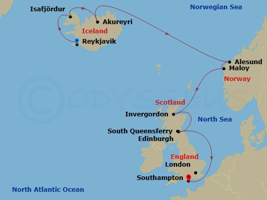 NCL Norwegian Star - 10 Night - Europe - Iceland - NCL Norwegian Star - Starting in Reykjavik, Iceland, Isafjordur, Iceland, Akureyri, Iceland, Alesund, Norway, Maloy, Norway, Inv.. itinerary map
