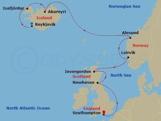 NCL Norwegian Star - 10 Night - Europe - Iceland - NCL Norwegian Star - Starting in Reykjavik, Iceland, Isafjordur, Iceland, Akureyri, Iceland, Alesund, Norway, Leirvik (Stord), N.. itinerary map