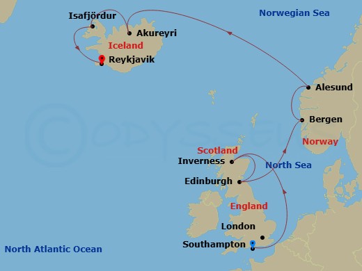 NCL Norwegian Star - 11 Night - Europe - Iceland - NCL Norwegian Star - Starting in London (Southampton), United Kingdom, Invergordon (Inverness), United Kingdom, South Queensferr.. itinerary map