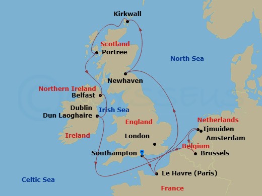 NCL Norwegian Sky - 11 Night - Europe - British Isles - NCL Norwegian Sky - Starting in London (Southampton), United Kingdom, Le Havre / Paris, France, Edinburgh (Newhaven), Scot.. itinerary map