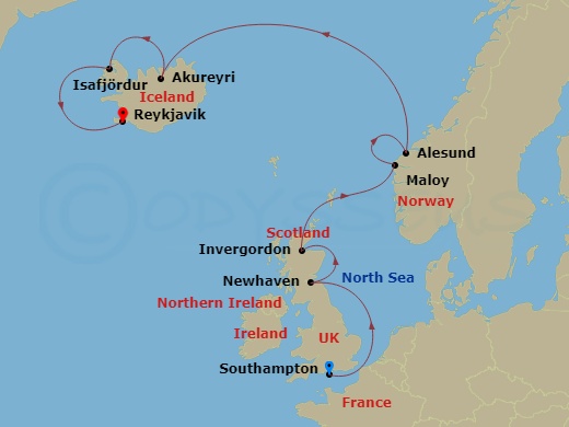 NCL Norwegian Star - 11 Night - Europe - Iceland - NCL Norwegian Star - Starting in London (Southampton), United Kingdom, Edinburgh (Newhaven), Scotland, United Kingdom, Invergord.. itinerary map