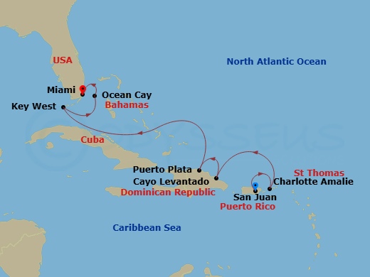 EXPLORA IV - 7 Night - A Journey Through the Caribbean's Rich History & Palm-Shaded Paradise - EXPLORA IV - Starting in San Juan, Charlotte Amalie (Saint Thomas), Cayo Lev.. itinerary map