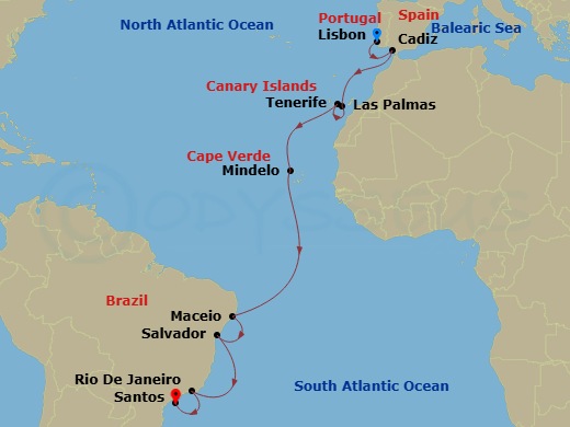 Costa Diadema - 16 Night - Transatlantic from Lisbona - Costa Diadema - Starting in Lisbon, Cadice, Las Palmas, Santa Cruz de Tenerife, St Vincent / Cape Verde / Mindelo, Mac.. itinerary map