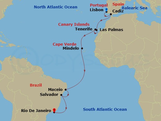 Costa Diadema - 15 Night - Transatlantic from Lisbona - Costa Diadema - Starting in Lisbon, Cadice, Las Palmas, Santa Cruz de Tenerife, St Vincent / Cape Verde / Mindelo, Mac.. itinerary map