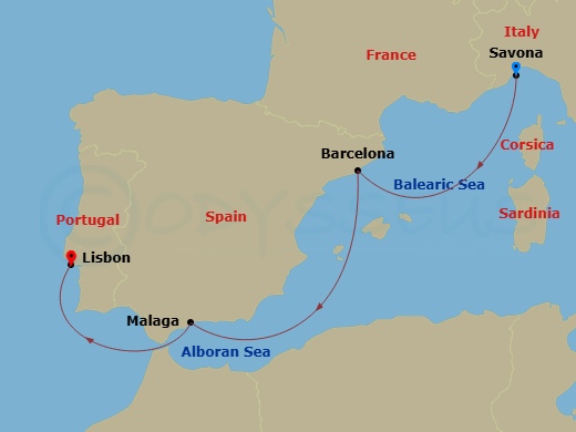 Costa Diadema - 5 Night - Transatlantic from Savona - Costa Diadema - Starting in Savona, Barcelona, Malaga, Lisbon itinerary map