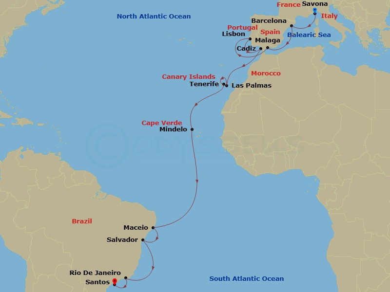 Costa Diadema - 21 Night - Transatlantic from Savona - Costa Diadema - Starting in Savona, Barcelona, Malaga, Lisbon, Cadice, Las Palmas, Santa Cruz de Tenerife, St Vincent /.. itinerary map