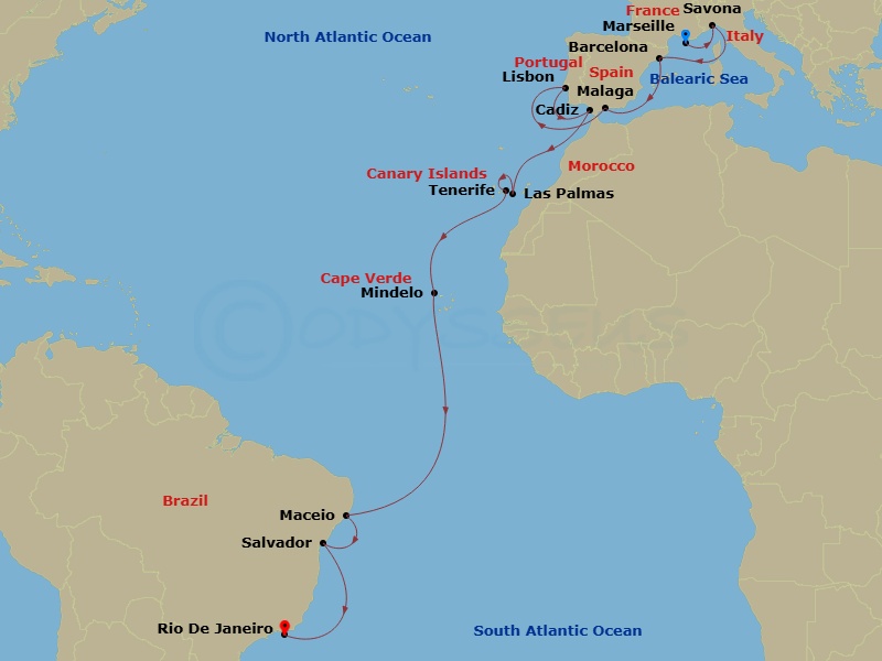 Costa Diadema - 21 Night - Transatlantic from Marseille - Costa Diadema - Starting in Marseille, Savona, Barcelona, Malaga, Lisbon, Cadice, Las Palmas, Santa Cruz de Tenerife.. itinerary map