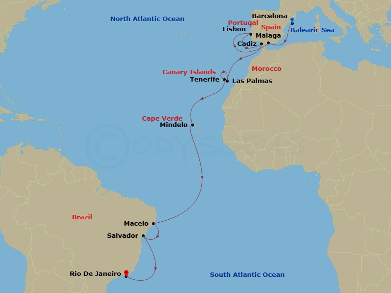 Costa Diadema - 19 Night - Transatlantic from Barcelona - Costa Diadema - Starting in Barcelona, Malaga, Lisbon, Cadice, Las Palmas, Santa Cruz de Tenerife, St Vincent / Cape.. itinerary map