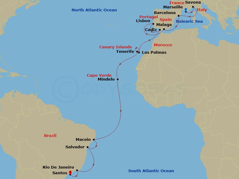 Costa Diadema - 22 Night - Transatlantic from Marseille - Costa Diadema - Starting in Marseille, Savona, Barcelona, Malaga, Lisbon, Cadice, Las Palmas, Santa Cruz de Tenerife.. itinerary map