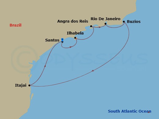 MSC Sinfonia - 7 Night - South America - MSC Sinfonia - Starting in Santos (Sao Paulo), Brazil, Ilhabela, Brazil, Angra Dos Reis, Brazil, Rio De Janeiro, Brazil, Buzios, Bra.. itinerary map
