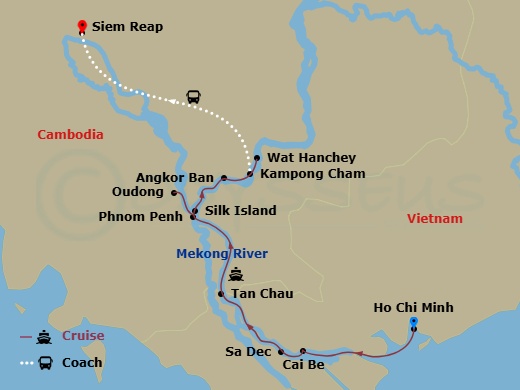 7 Night - Luxury Mekong - Scenic Spirit - Starting in Ho Chi Minh City / Mekong Cruise, Cai Be / Sa Dec, Tan Chau / Border Crossing, Phnom Penh, Phnom Penh / Oudong, Silk Island / Angkor Ban, Wat Hanchey / Kampong Cham, Mekong Cruise / Siem Reap itinerary map