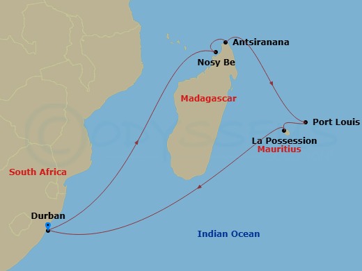 MSC Opera - 14 Night - South Africa - MSC Opera - Starting in Durban, South Africa, Nosy Be, Madagascar, Antsiranana (Diego Suarez), Madagascar, Port Louis, Mauritius, La.. itinerary map