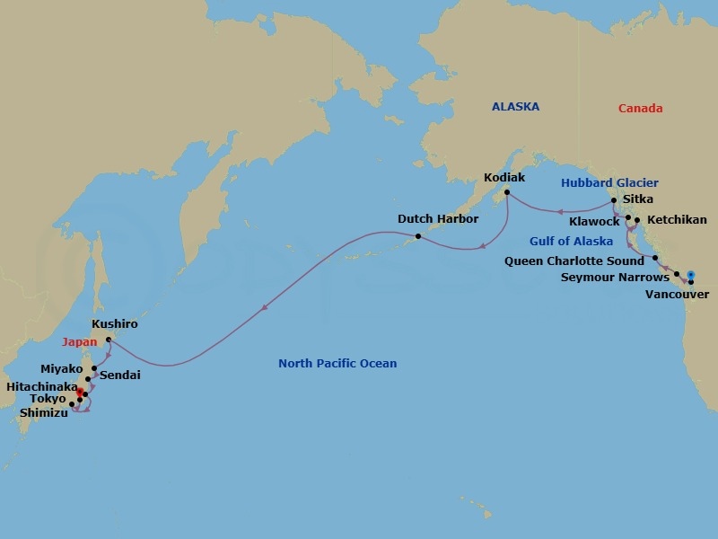 21 Night - Pacific Passage & Jewels of Japan - Seabourn Encore - Starting in Vancouver, BC, CA, Transit the Seymour Narrows, Cruising the Queen Charlotte Sound, Ketchikan, Alaska, Klawock, Alaska, Sitka, Alaska, Scenic cruising Hubbard Glacier, Kodiak, Alaska, Dutch Harbor, Alaska, Cross International Dateline, Kushiro, Japan, Miyako, Japan, Sendai, Japan, Hitachinaka, Japan, Shimizu, Japan itinerary map