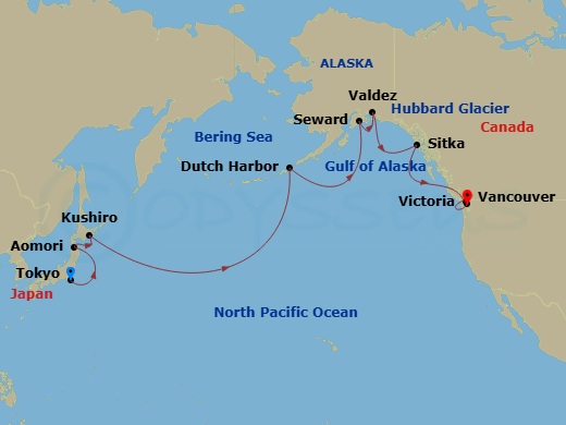 16 Night - A Grand Journey from City Rhythms to Untamed Splendour - EXPLORA III - Starting in Tokyo, Aomori, Kushiro, Dutch Harbor, Seward, Valdez, Sailing the Hubbard Glacier, Sitka, Victoria CA, Vancouver itinerary map