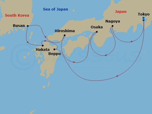 EXPLORA III - 10 Night - A Journey from Coastal Gateways to Cultural Crossroads - EXPLORA III - Starting in Tokyo, Nagoya, Aichi, Osaka, Hiroshima, Busan (Pusan), Hakata /.. itinerary map