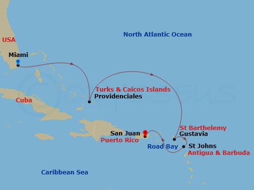 EXPLORA IV - 7 Night - A Journey Through Island Charm & Cultural Treasures - EXPLORA IV - Starting in Miami, Providenciales, Gustavia, St Johns AG, Antigua, Road Bay, San.. itinerary map