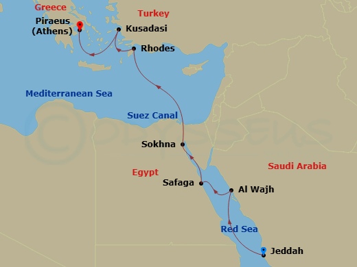 EXPLORA I - 10 Night - A Journey Through Ancient Wonders & Vibrant Mediterranean Cultures - EXPLORA I - Starting in Jeddah, Alula (Al Wajh), Luxor (Safaga), Sokhna, Cross.. itinerary map
