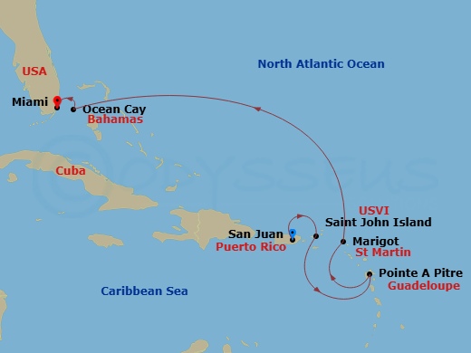 EXPLORA IV - 7 Night - A Journey Through Historical Gems & Idyllic Coastlines - EXPLORA IV - Starting in San Juan, St John VI (Cruz Bay), US Virgin Islands, Pointe-a-Pitre.. itinerary map