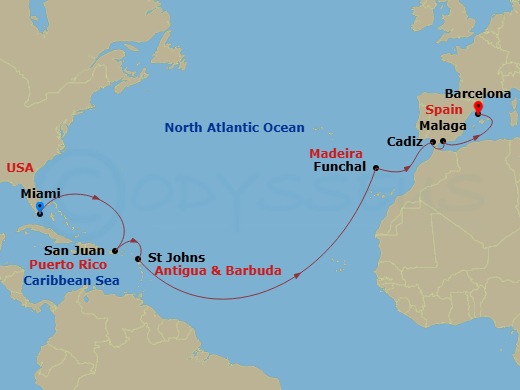 EXPLORA II - 16 Night - A Journey Through Vibrant Cultures Across the Atlantic & the Mediterranean - EXPLORA II - Starting in Miami, San Juan, St Johns AG, Antigua, Funcha.. itinerary map