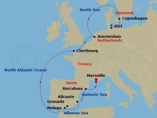 11 Night - Northern Europe - MSC Euribia - Starting in Kiel, Germany, Copenhagen, Denmark, Amsterdam, Holland, Cherbourg (Mont Saint-Michel), France, Malaga (Granada), Spain, Alicante, Spain, Barcelona, Spain, Marseille (Provence), France itinerary map