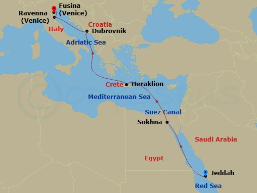 EXPLORA V - 10 Night - A Journey Through Arabia's Mystic Past to Venice's Timeless Elegance - EXPLORA V - Starting in Jeddah, Sokhna, Crossing the Suez Canal, Heraklion,.. itinerary map