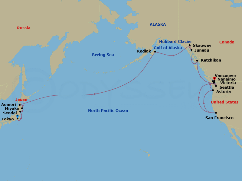 27 Night - Northern Scenes & Peaks - Seven Seas Splendor - Starting in Tokyo, Sendai, Miyako, Aomori, Cruising the Pacific Ocean, Crossing the Internantional Date Line, Cruising the Pacific Ocean, Kodiak, Cruising the Gulf of Alaska, Cruising Hubbard Glacier, Skagway, Juneau, Ketchikan, Cruising the Pacific Ocean, Victoria CA, Cruising the Pacific Ocean, San Francisco, Cruising the Pacific Ocean, Astoria, Cruising the Pacific Ocean, Seattle, Victoria CA, Nanaimo, Vancouver itinerary map