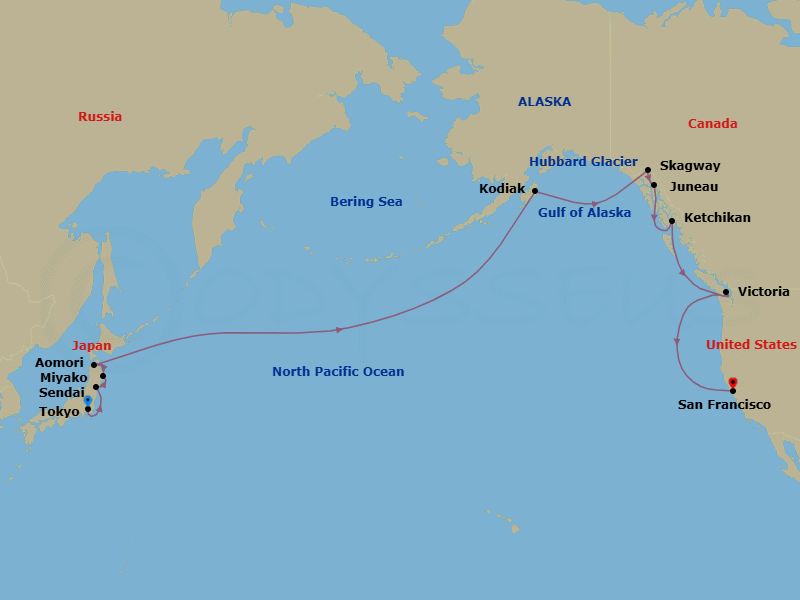 20 Night - Pacific Frontier Escape - Seven Seas Splendor - Starting in Tokyo, Sendai, Miyako, Aomori, Cruising the Pacific Ocean, Crossing the Internantional Date Line, Cruising the Pacific Ocean, Kodiak, Cruising the Gulf of Alaska, Cruising Hubbard Glacier, Skagway, Juneau, Ketchikan, Cruising the Pacific Ocean, Victoria CA, Cruising the Pacific Ocean, San Francisco itinerary map