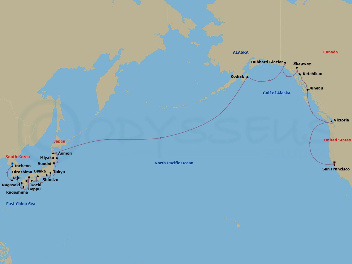 31 Night - Rising Sun & Golden Gate - Seven Seas Splendor - Starting in Seoul (Incheon), Cruising the Yellow Sea, Jeju, Nagasaki, Kagoshima, Beppu, Hiroshima, Kochi, Osaka, Cruising the Pacific Ocean, Shimizu, Tokyo, Sendai, Miyako, Aomori, Cruising the Pacific Ocean, Crossing the Internantional Date Line, Cruising the Pacific Ocean, Kodiak, Cruising the Gulf of Alaska, Cruising Hubbard Glacier, Skagway, Juneau, Ketchikan, Cruising the Pacific Ocean, Victoria CA, Cruising the Pacific Ocean, San Francisco itinerary map