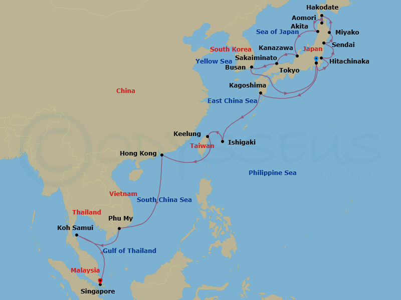 28 Night - Golden Latittude - Seven Seas Explorer - Starting in Tokyo, Hitachinaka, Sendai, Miyako, Cruising the Pacific Ocean, Hakodate, Aomori, Akita, Kanazawa, Sakaiminato, Busan, Cruising the Kanmon Straits, Cruising the Philippine Sea, Tokyo, Cruising the Philippine Sea, Kagoshima, Cruising the East China Sea, Ishigaki (Sakishima Islands), Taipei (Keelung), Cruising the Taiwan Strait, Hong Kong, Cruising the South China Sea, Phu My (Ho Chi Minh City), Cruising the Gulf of Thailand, Ko Samui, Cruising the Gulf of Thailand, Singapore itinerary map