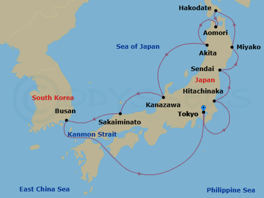 14 Night - Under the Cherry Trees - Seven Seas Explorer - Starting in Tokyo, Hitachinaka, Sendai, Miyako, Cruising the Pacific Ocean, Hakodate, Aomori, Akita, Kanazawa, Sakaiminato, Busan, Cruising the Kanmon Straits, Cruising the Philippine Sea, Tokyo itinerary map