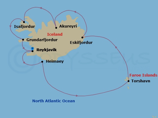 10 Night - Verdant Iceland - Seven Seas Splendor - Starting in Reykjavik, Heimaey, Cruising the Atlantic Ocean, Torshavn, Faroe Islands, Eskifjordur, Akureyri, Cruising the Denmark Strait, Isafjordur, Grundarfjordur, Reykjavik itinerary map